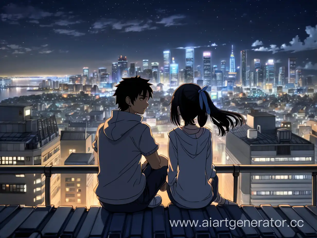 Парная аниме аватарка, парень и девушка с черными волосами, сидят на крыше, на заднем фоне ночной город.
