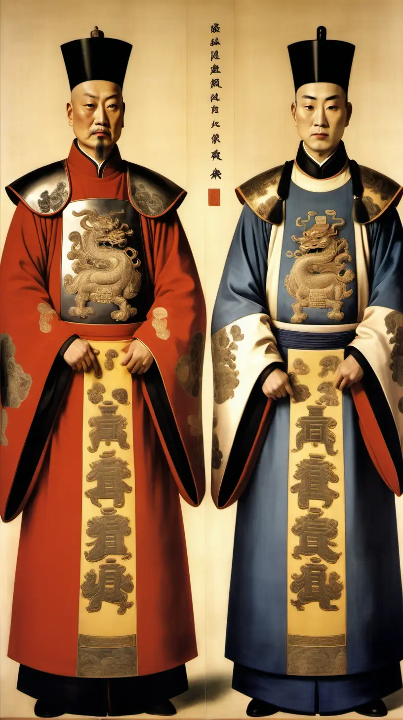 A Chinese emperor and his right hand man in the year 1400 standing side by side, symbolizing their close relationship. The image should convey power and solidarity