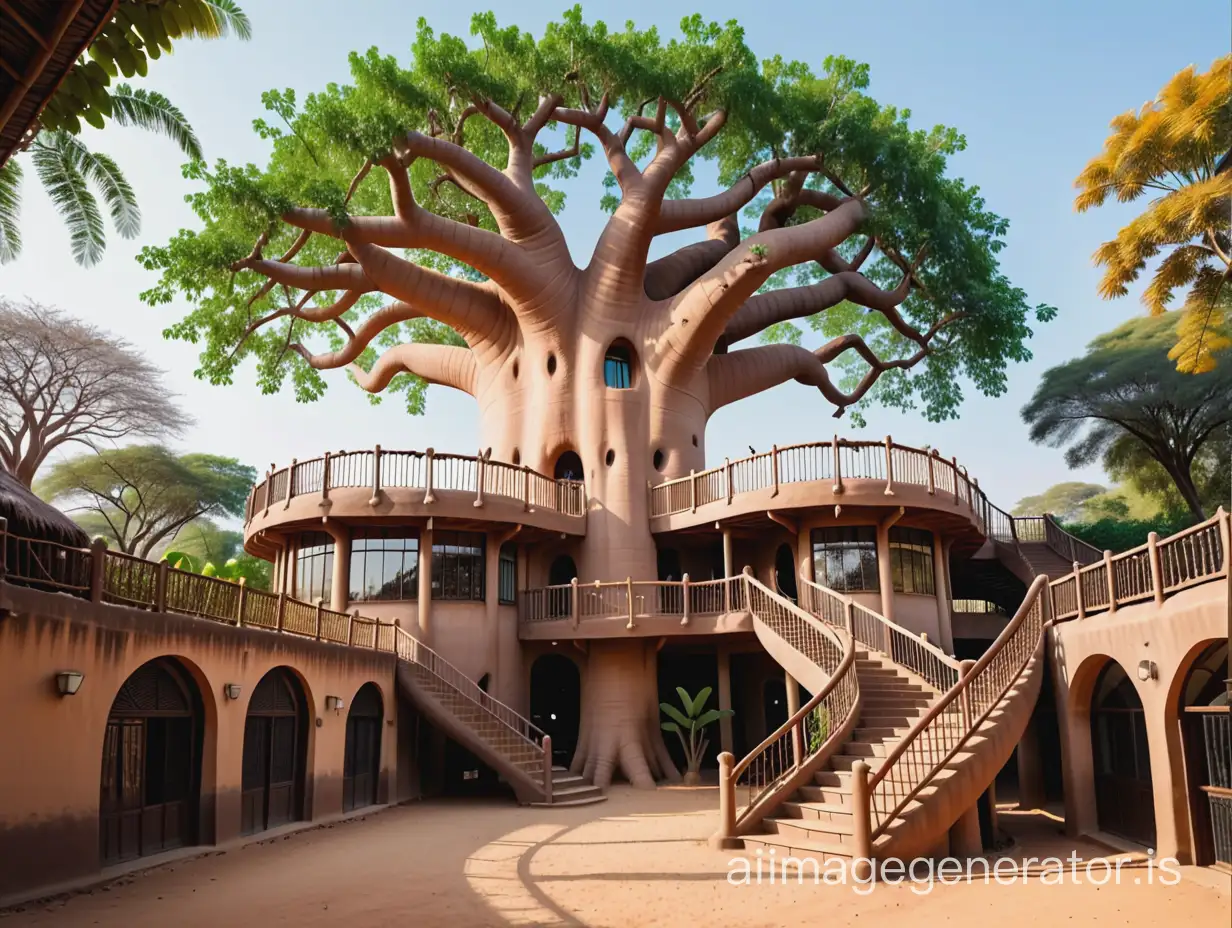 Giant building shaped like a baobab tree from Madagascar with climbing stairs around the tree. Plants adorn the windows. The building is by the river.
