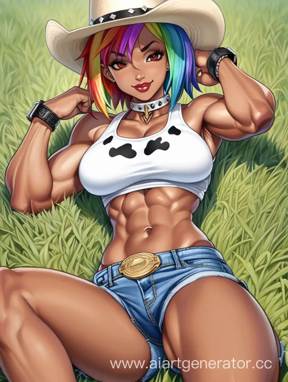 Front View, Full Body View, Field, Laying Down, Laying Down On A Field, Laying On Her Back, 1 Person, Women, Human, Rainbow Hair, Short Hair, Spiky Hairstly, Dark Ebony Brown Skin, Dark Brown Skin, Whitw Cowboy Hat, White Shirt, Jean Shorts, Cow Print Stockings, Choker, Perfect Face, Perfect Lips, Scarlet Red Lipstcik, Perfect Hands, Five Finger, Seriuos Smile, Perfect Eyes, Brown Eyes, Sharp Eyes, Black Pupils, Symmetric Eyes, Perfectly Symmetrical Body, Tall Body, Bodybuilder Body Type, Massive Breasts, Covered Breasts, Big Well-Toned Body, Big Muscular Arms, Big Muscular Legs, Hard Abs, Well-toned Abs, Detailed Abs, Muscular Body, 