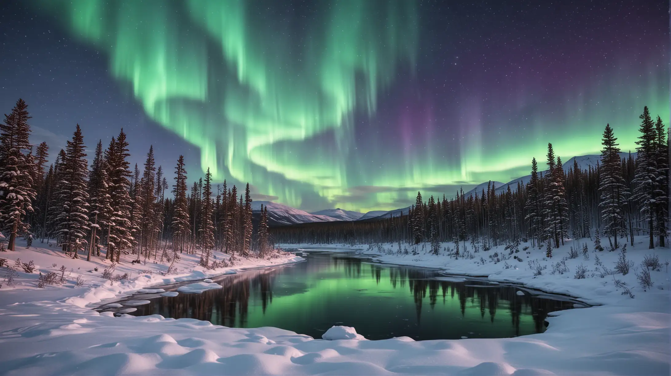 Vibrant Northern Lights Painting Snowy Winter Scene with Frozen Lake