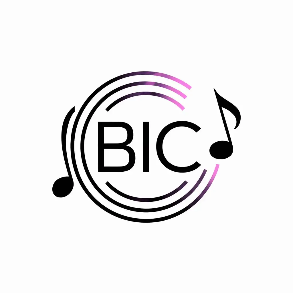 логотип для шазам-музыкального приложения в стиле минимализм с буквами BIC в центре и музыкальными нотами вокруг. основные цвета: черный, белый и фиолетовый