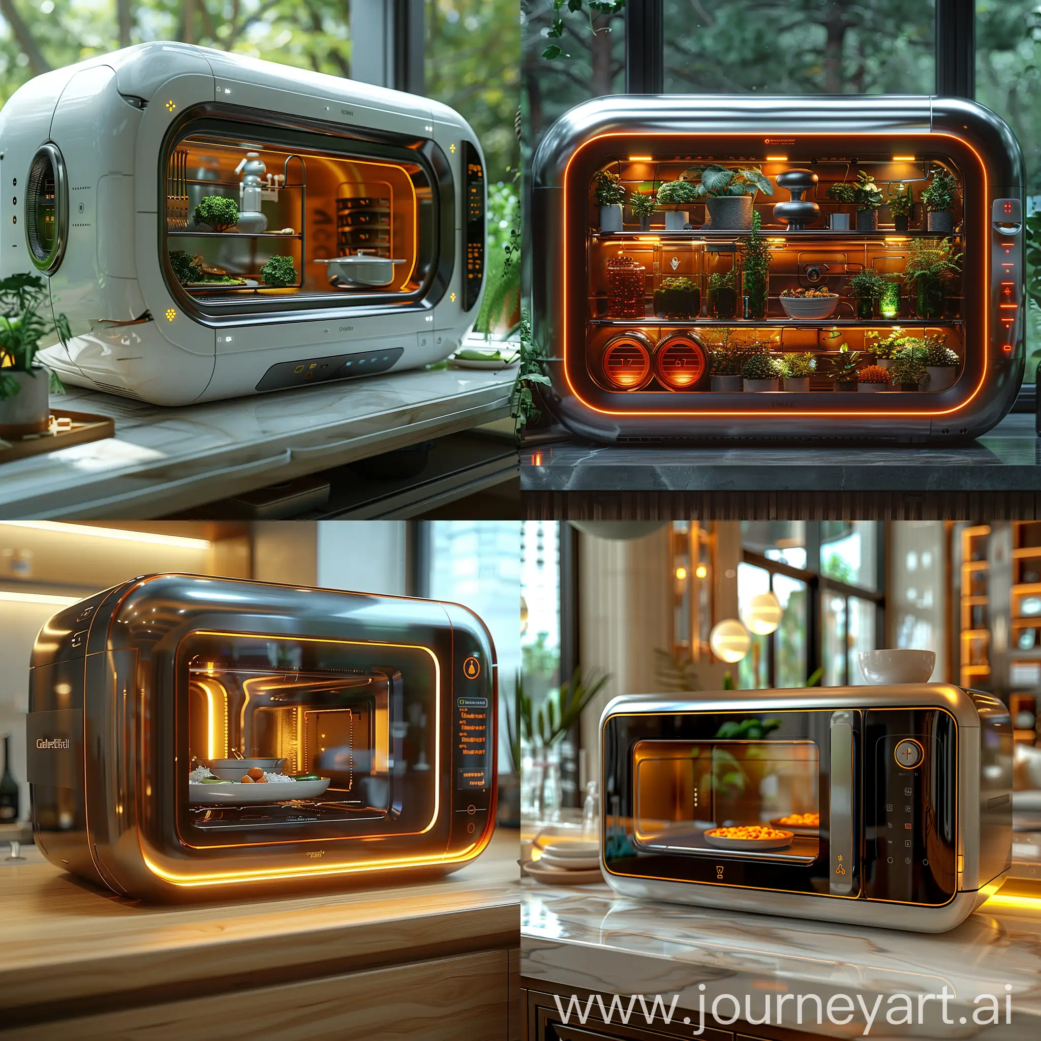 Futuristic microwave, in 2473, Sleek Design, AI Chef, Molecular Reconstruction, Nutrient Preservation, Voice Control, Holographic Recipe Projection, Self-Cleaning, octane render --stylize 1000