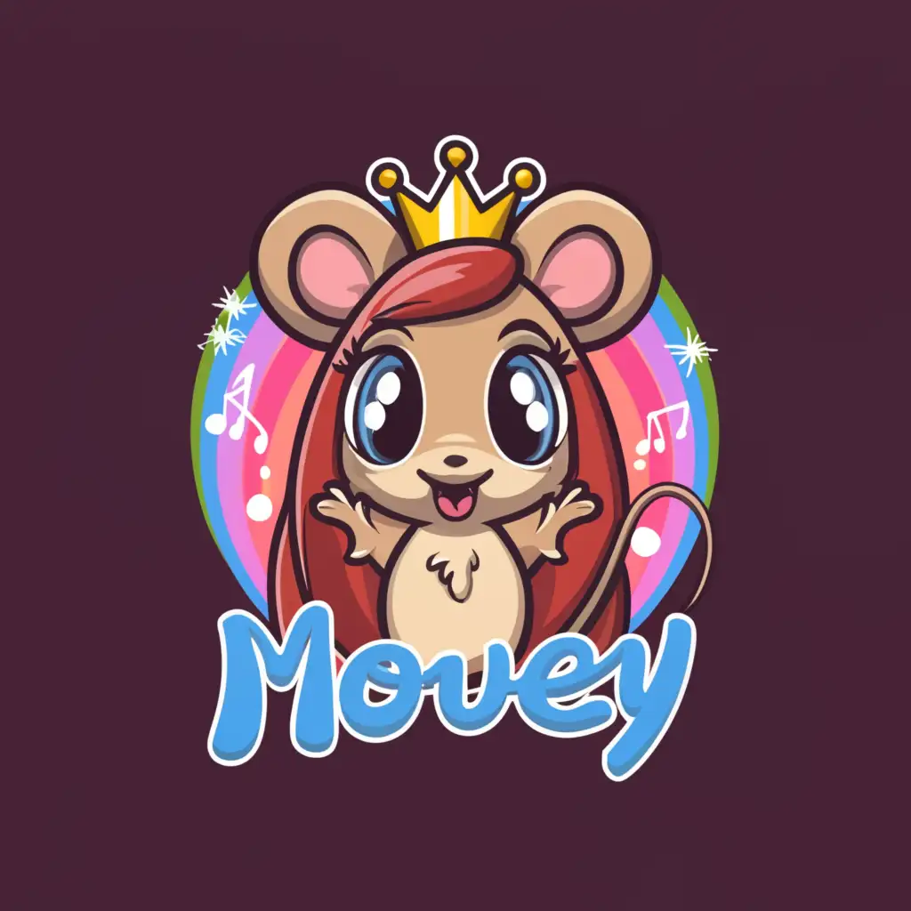 a logo design,with the text "cute logo for "mousey"", main symbol:a female mouse with long hair, rainbows and cheeze,complex,be used in Entertainment industry,clear background