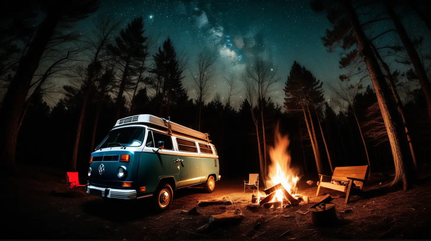Vintage Westfalia Van Camping under Starlit Woods with Campfire