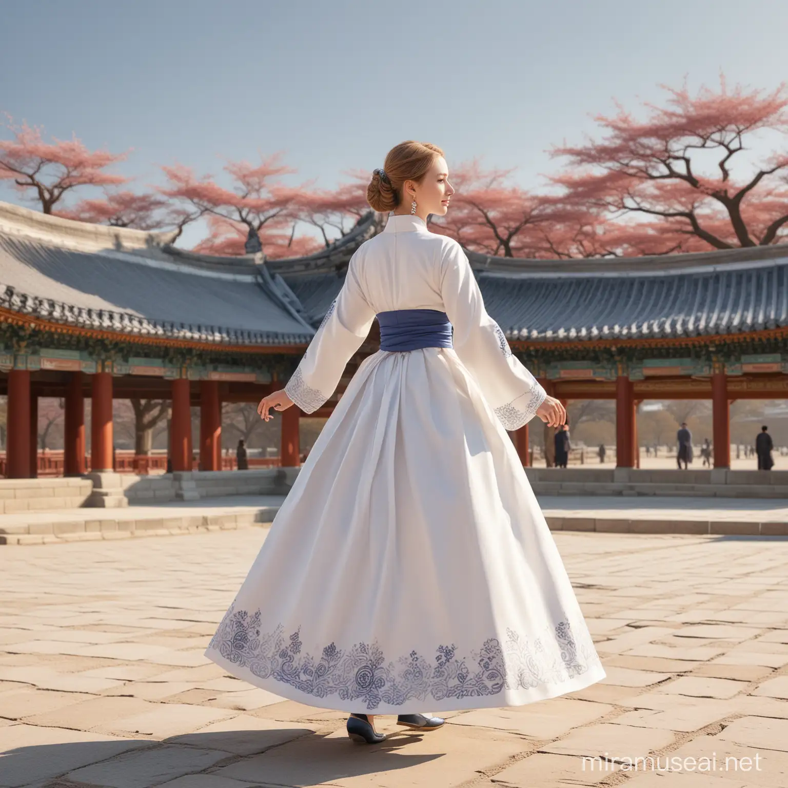 A 3D drawing of a white woman wearing a beautiful Hanbok walking through Gyeongbokgung Palace.