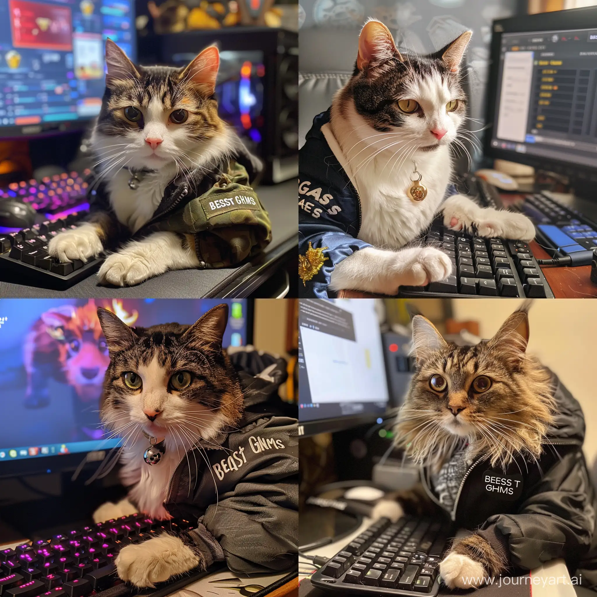 the cat is sitting at the computer and has the inscription “Beast Gems" written on his jacket