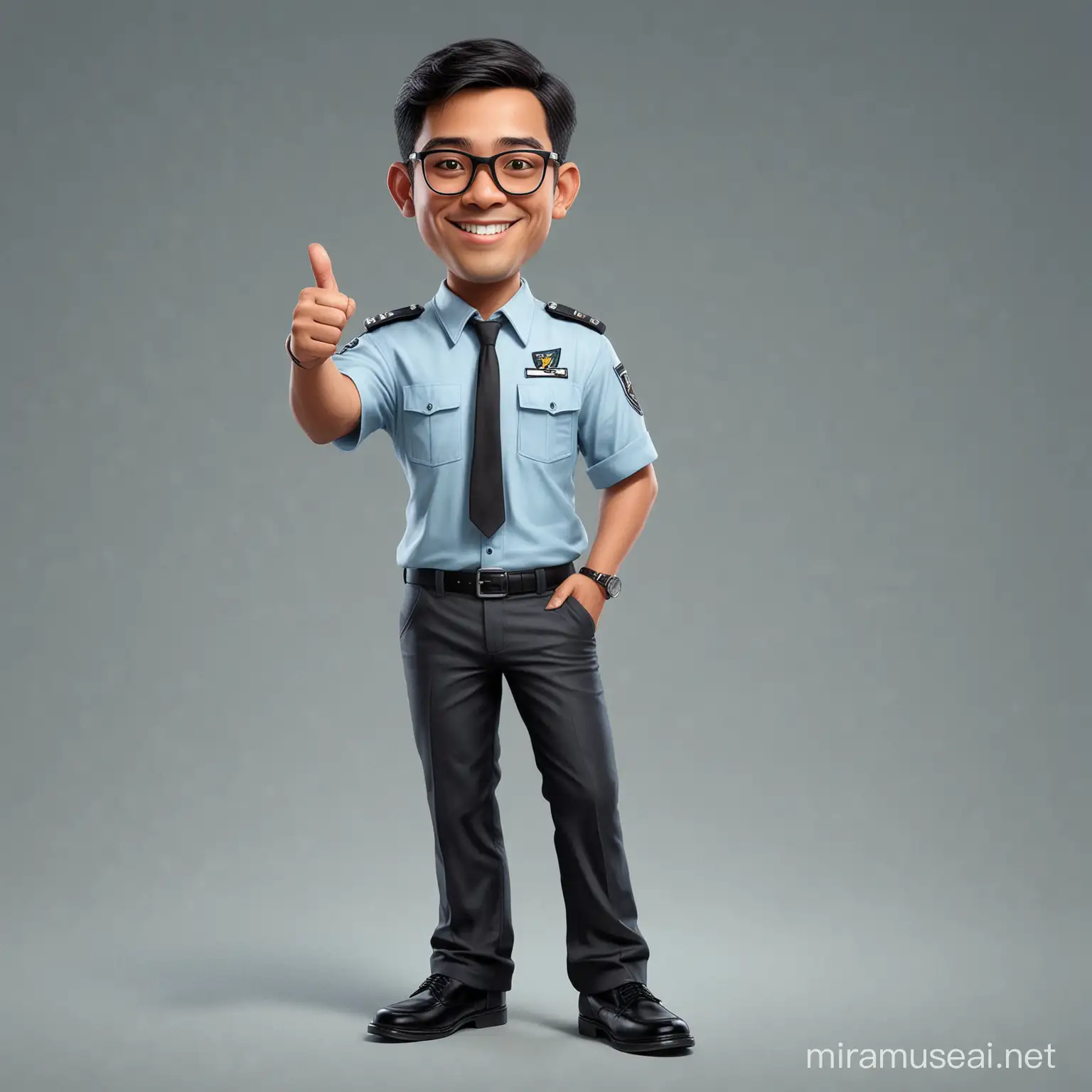 caricature potrait full body, A 29 year old Indonesian man, Neat short hair, wearing glasses, Wearing a short-sleeved light blue pilot uniform , black tie, black trousers, loafers, front view smiling photo, Hand pose giving a thumbs up, realistic.