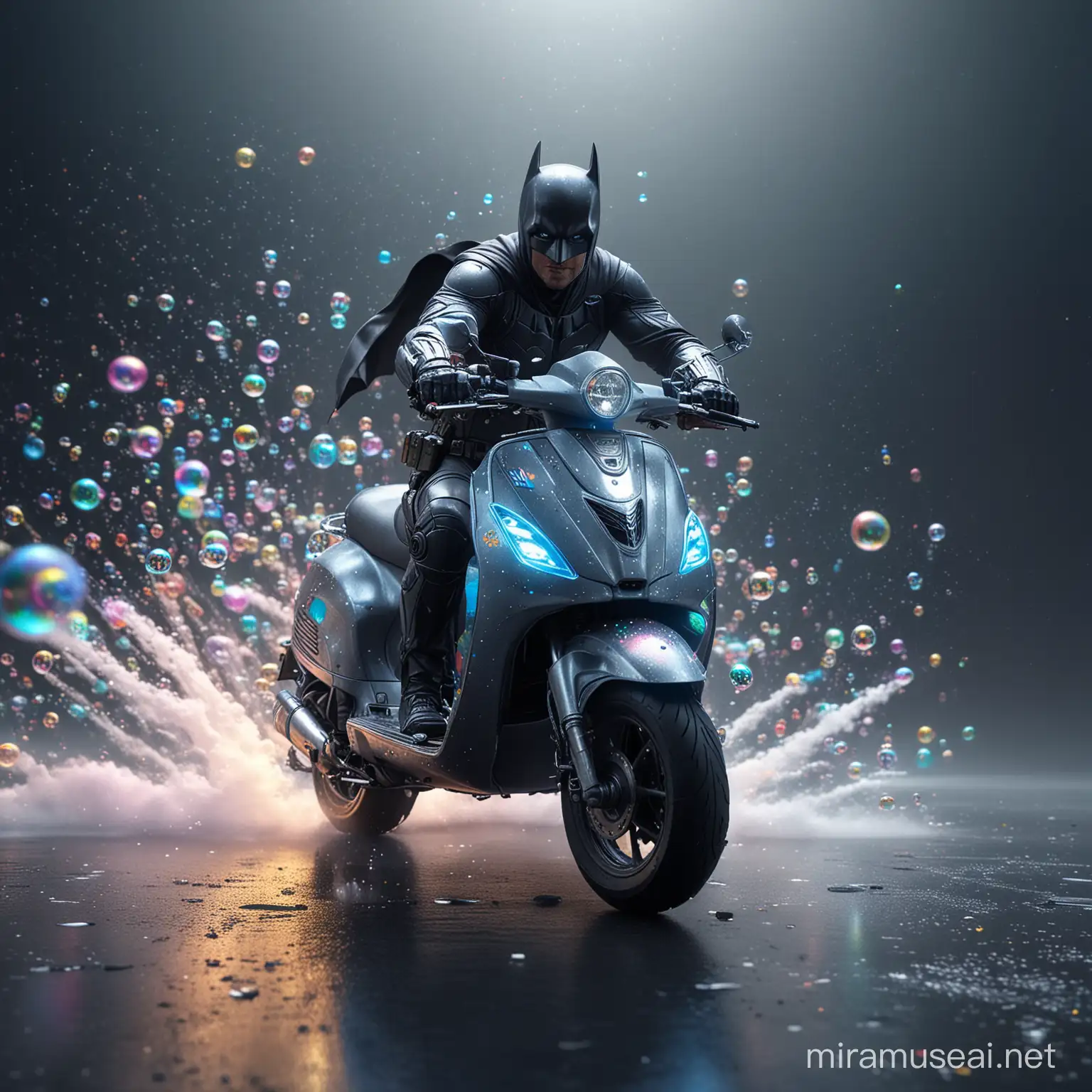 Seorang hero batman mengendarai motor vespa yang glowing berwarna perak dengan kecepatan tinggi. Efek kecepatan gelembung sabun berwarna pelangi all color. Latar belakang plain blue metalic. Uhd 8k. Photorealistic.