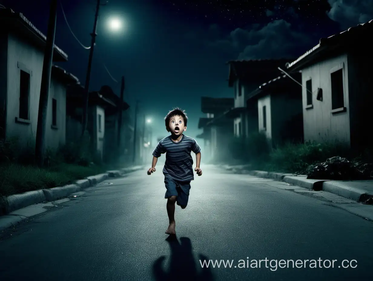 маленький мальчик бежит по улице ночью. он очень боится. вокруг нету домов
