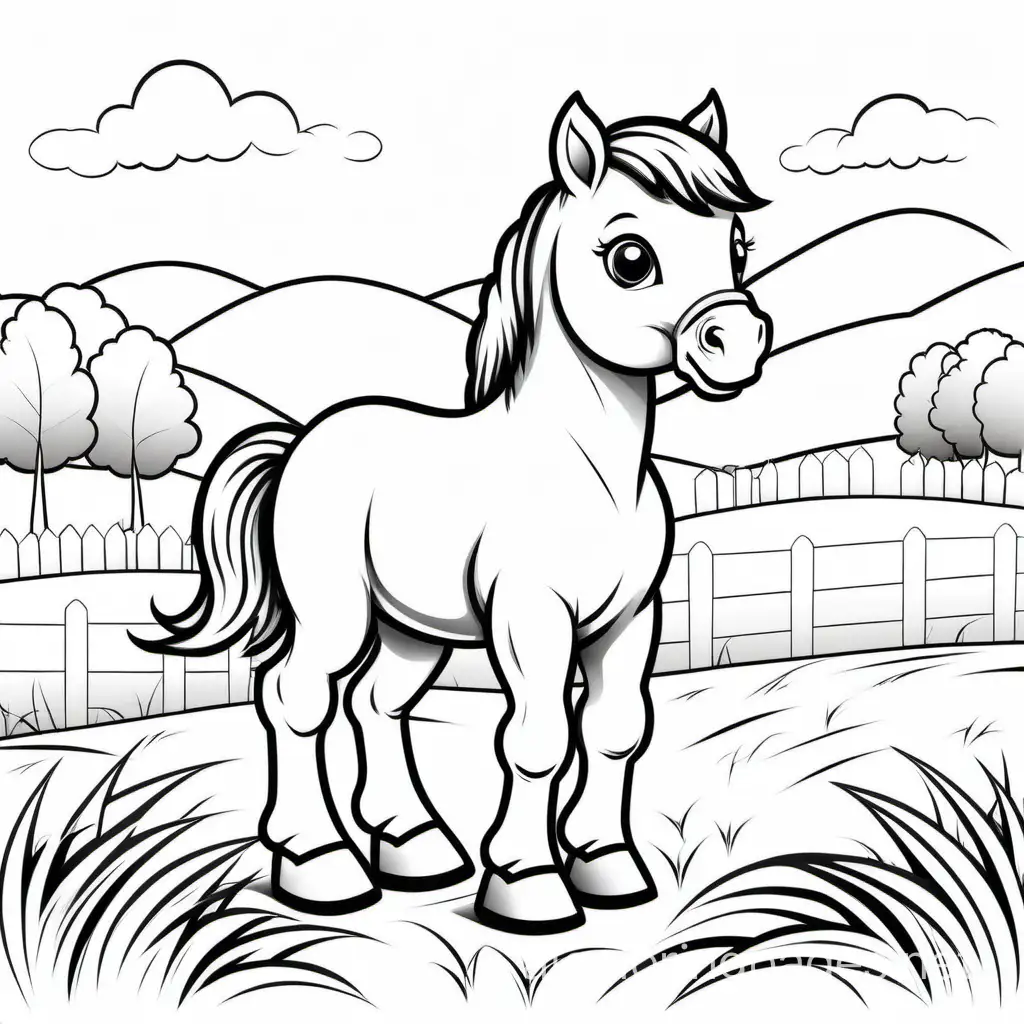cute baby horse on grass on farm
coloring page for kids, Coloring Page, black and white, line art, white background, Simplicity, Ample White Space. The background of the coloring page is plain white to make it easy for young children to color within the lines. The outlines of all the subjects are easy to distinguish, making it simple for kids to color without too much difficulty