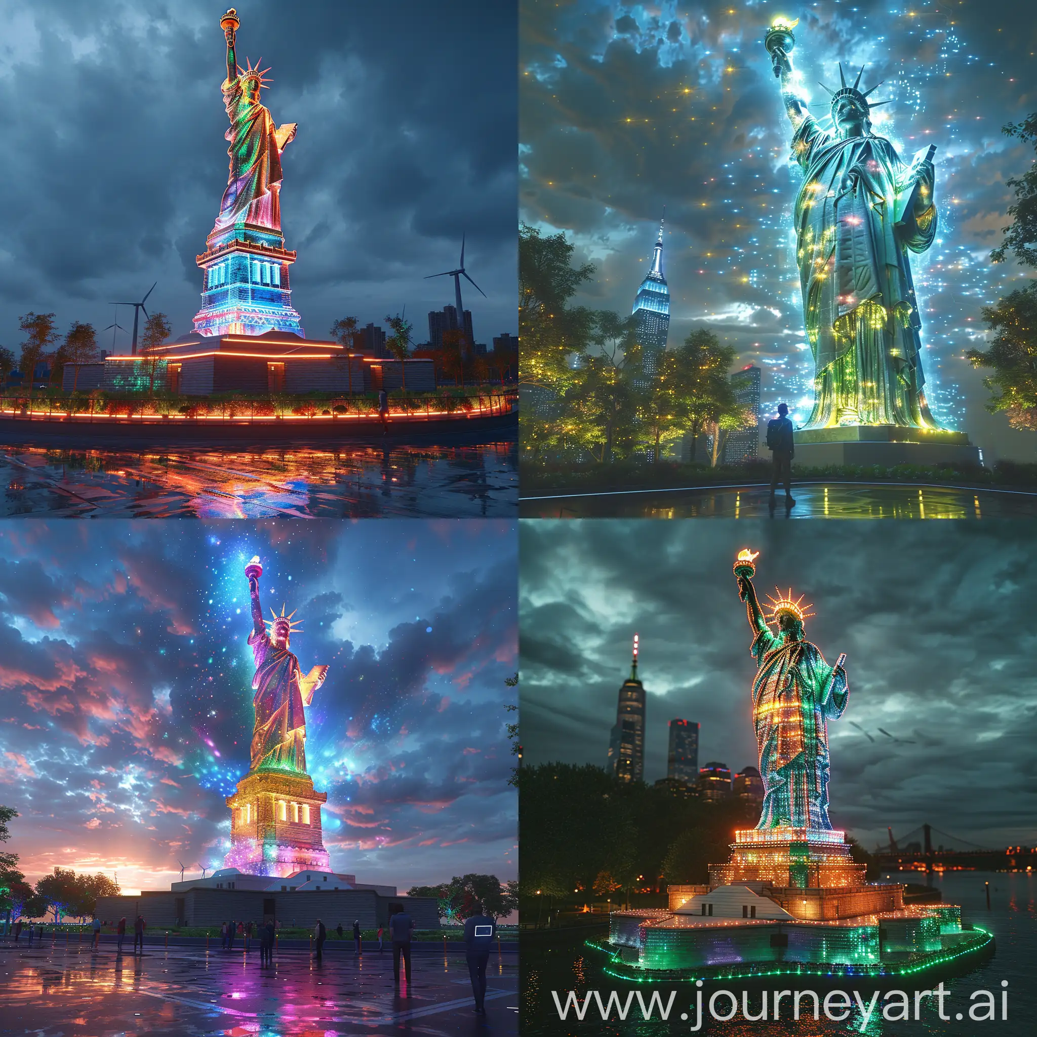Futuristic Statue Of Liberty, Interactive LED Light Display, Holographic Projection, Drone Landing Pads, Augmented Reality Tours, Robotic Guardians, Solar Panels Integration, Hyperloop Transportation Hub, Wind Turbines, Aquaponic Gardens, Self-Cleaning Nanotechnology, Green Roof, Rainwater Harvesting System, Vertical Gardens, Recycled Materials, Energy-Efficient Lighting, Water Purification System, Waste Management System, Low-Emission Transportation, Sustainable Architecture, Educational Exhibits, Reinforced Steel Structure, Shock-Absorbing Foundation, Bulletproof Glass, Anti-Corrosion Coating, Flexible Joints, Resilient Cladding Materials, Blast-Resistant Design, Seismic Dampers, Reinforced Concrete Core, Emergency Evacuation Systems, octane render --stylize 1000
