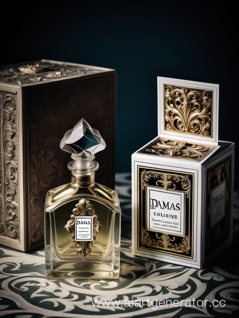 a bottle of damas cologne sitting next to a box, a flemish Baroque by Demetrios Farmakopoulos, instagram contest winner, dau-al-set, dynamic composition, contest winner, feminine