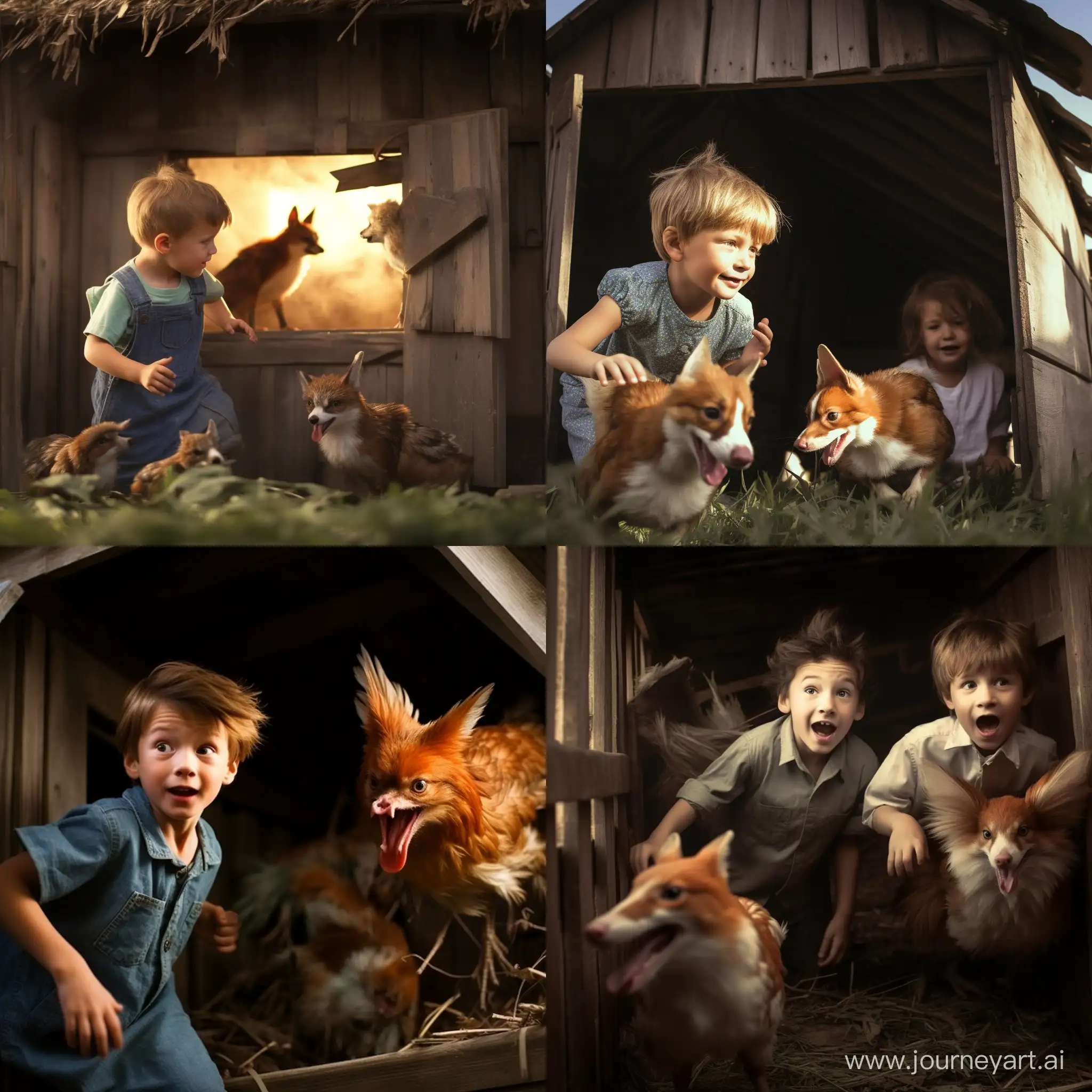 An image of a fox sneaking in the chicken coop, the chickens are panicking and run away, two boys are trying the fox doing that, photo