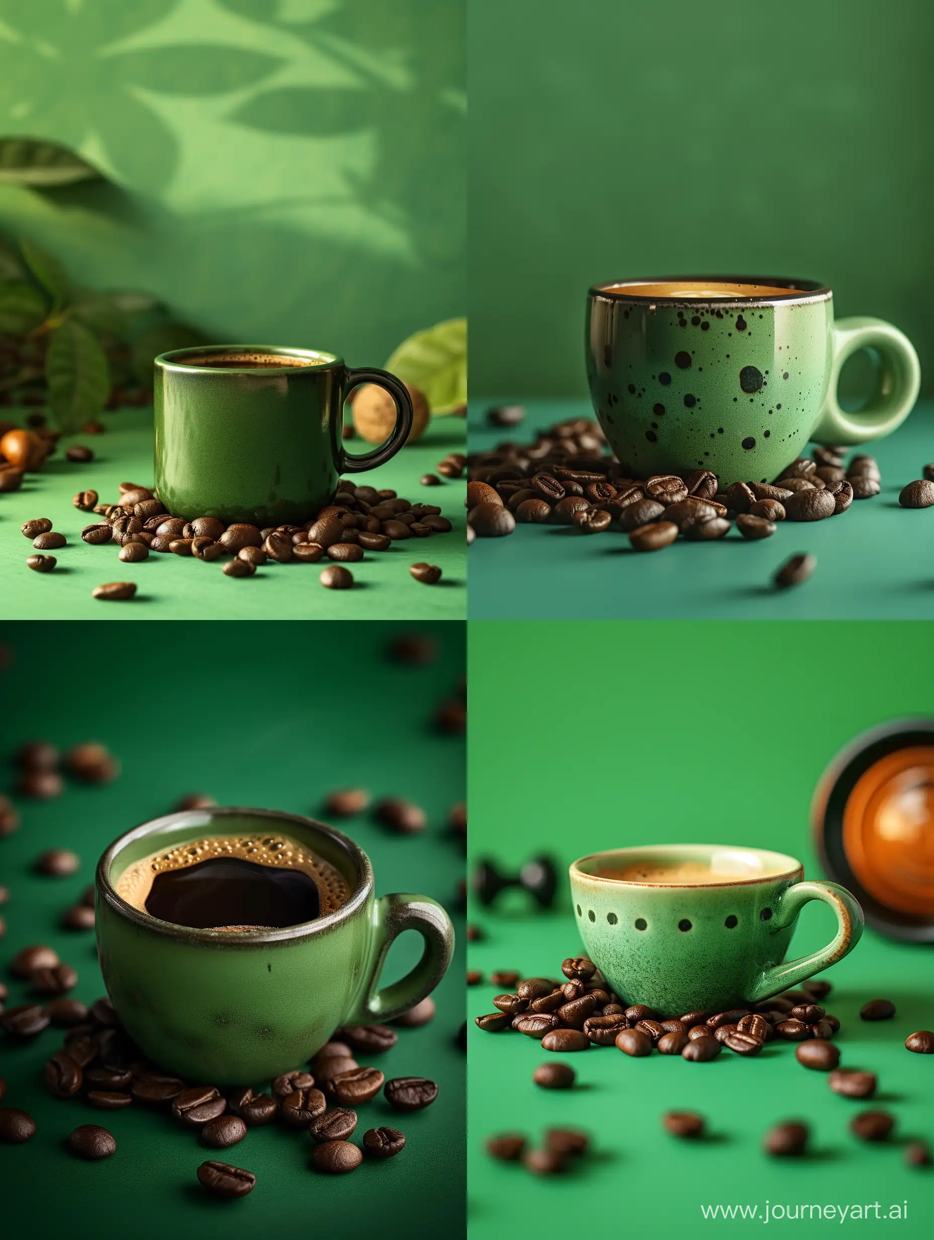 Aromatic-Coffee-Cup-with-Beans-on-Green-Background-Studio-Shot