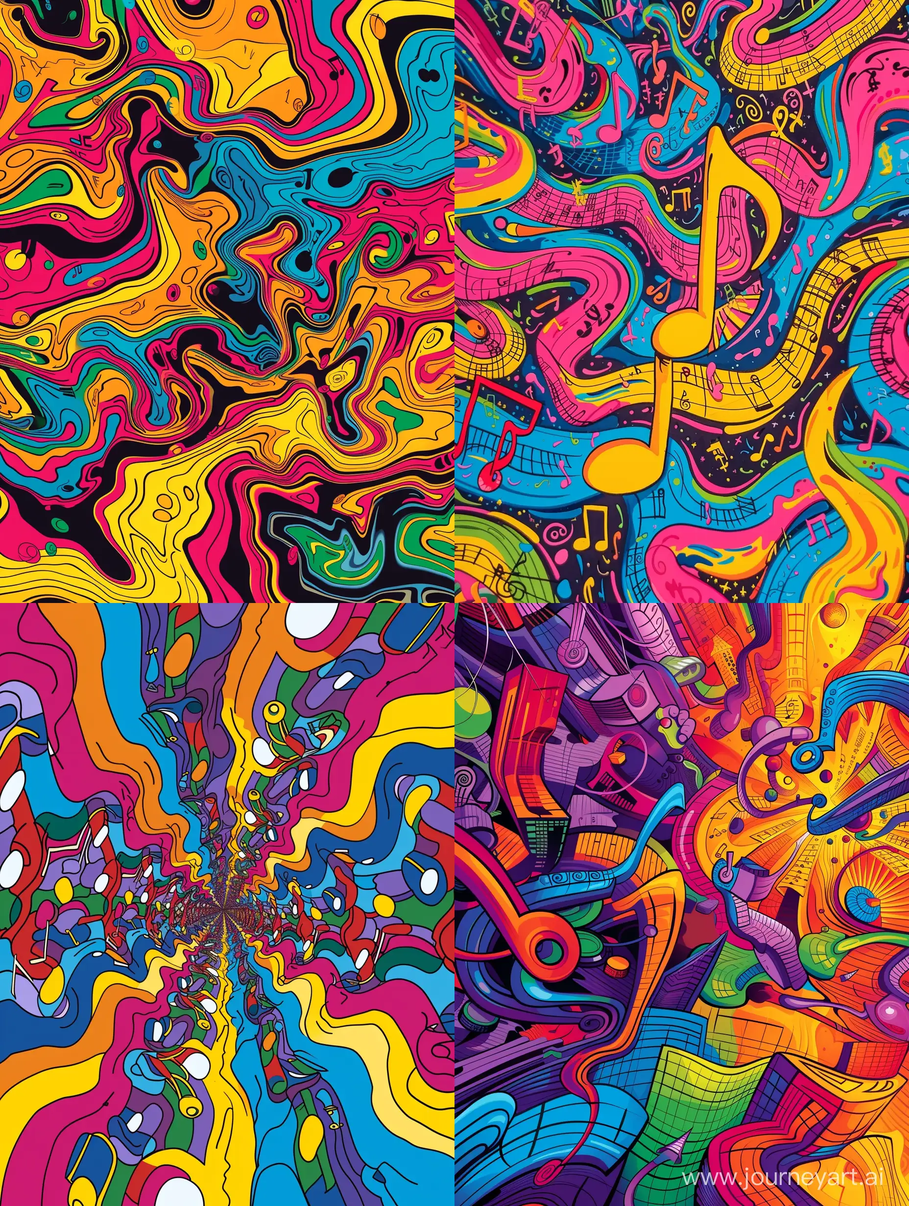 Psychedelic optical illusion background consisting of notes, complex colors, pop art style