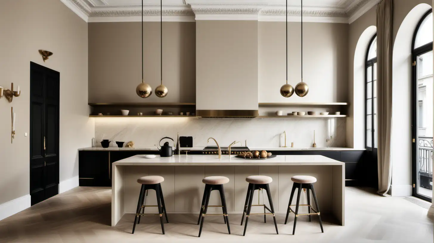 imagine an organic minimalist Parisian large hotel-style home kitchen with high ceilings in a colour palette of beige, black, oak and brass; sunlight;