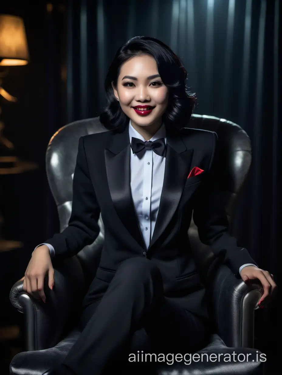 An alluring, grinning Vietnamese woman with shoulder length black hair and lipstick is sitting in a plush chair in a dark room.  She is facing forward.  She is wearing a tux.  Her  black jacket is open.  Her pants are black.  Her shirt is white.  Her bow tie is black.