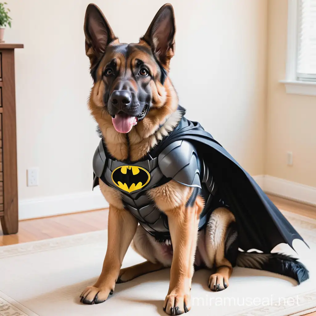 German Shepherd Dog Dressed as Batman Standing Upright