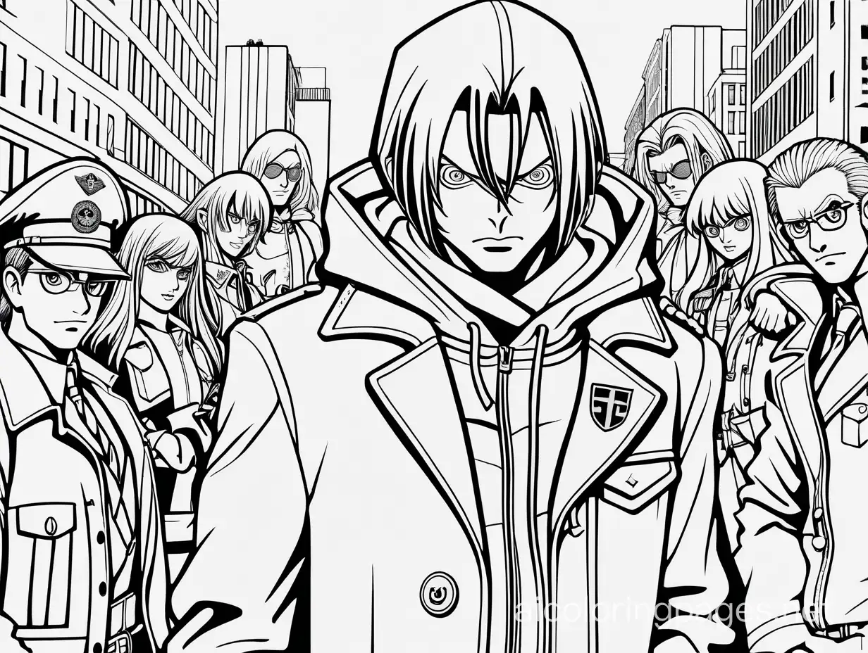 Hellsing, hellsing organization , Modern vampire wearing hoodie with pistols,  Nazi’s in the background , in city, coloring page , black and white, no shading, Coloring Page, black and white, line art, white background, Simplicity, Ample White Space. The background of the coloring page is plain white to make it easy for young children to color within the lines. The outlines of all the subjects are easy to distinguish, making it simple for kids to color without too much difficulty