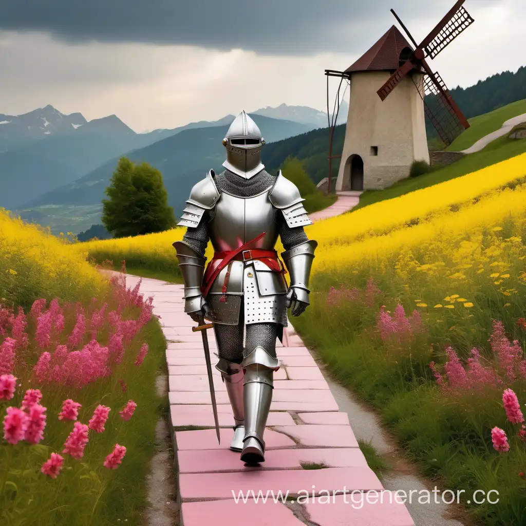 Medieval-Knight-Strolling-Amidst-Swiss-Mountain-Wildflowers