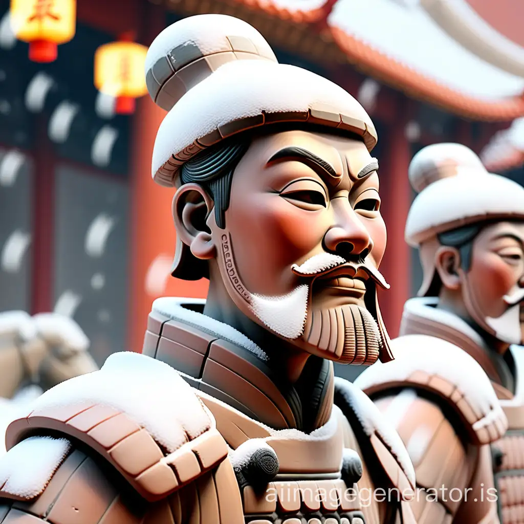 Terracotta Warriors smoking, snow scene, snowflakes, close-up, background city bokeh