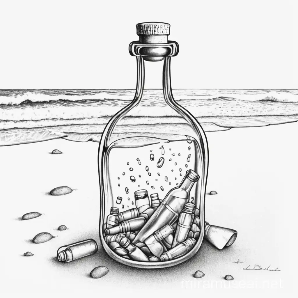 Ocean Message in a Bottle Line Drawing
