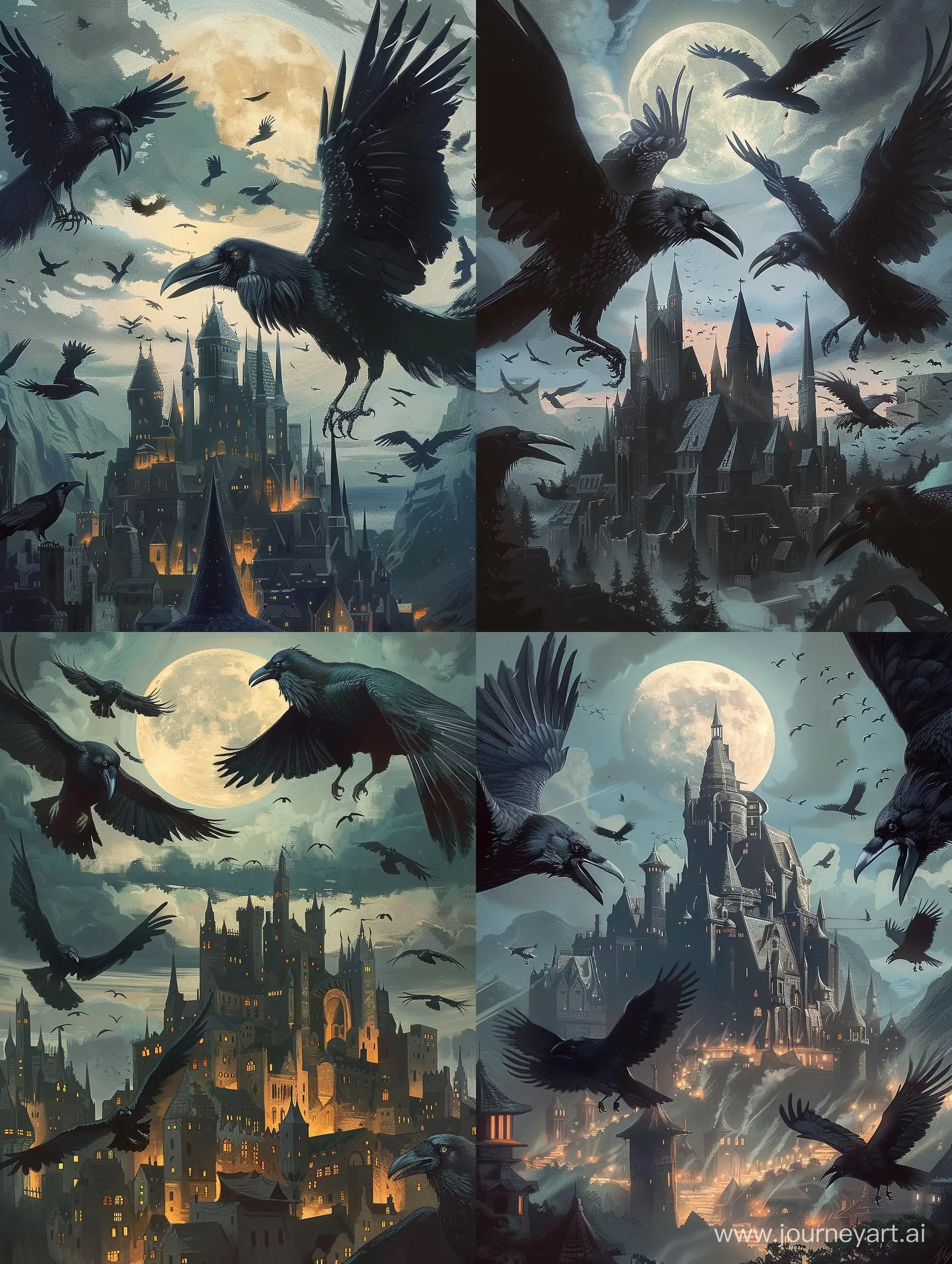 Moonlit-Night-with-Giant-Ravens-Circling-Cityscape