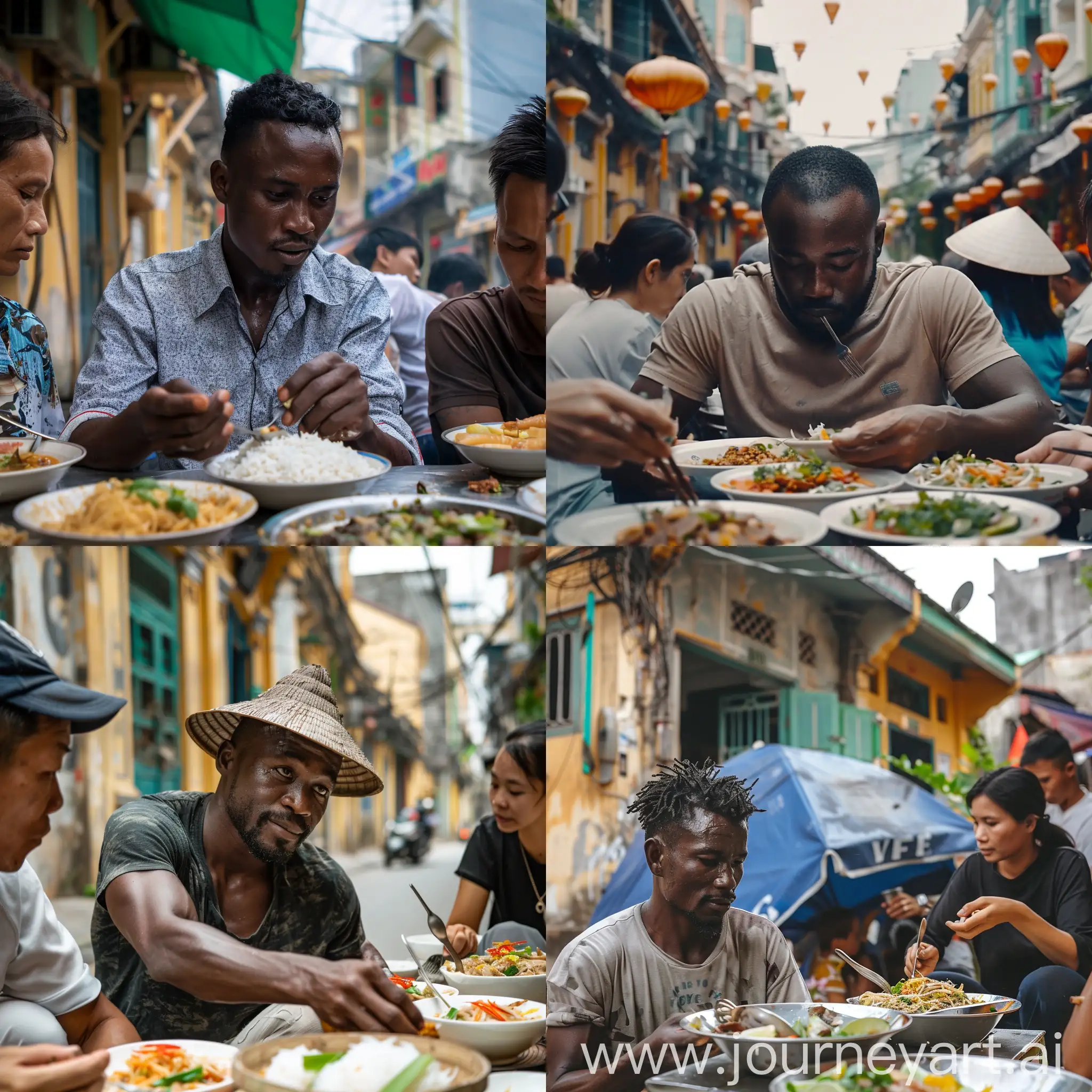 Create a scene in vietnam, 1 black man in the city, with locals. eating food