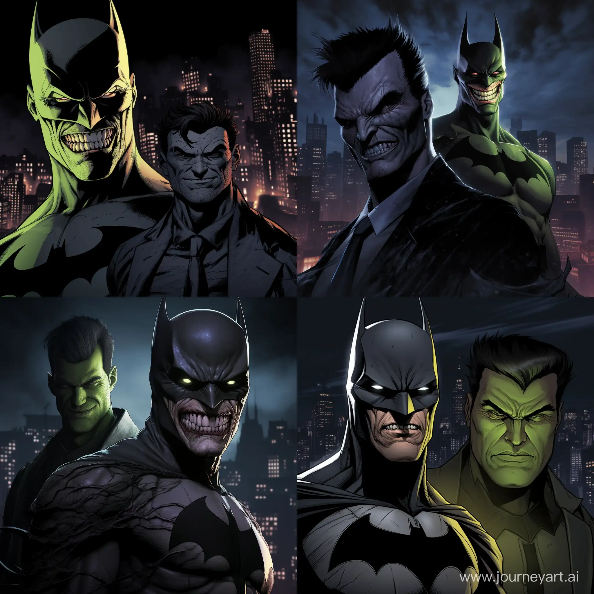 Batman and the Joker, depicted in a dark, moody cityscape at night. Batman is in his iconic suit with a cape, looking imposing and determined. The Joker, with his characteristic green hair, pale face, and sinister grin, faces Batman. Both are standing close, almost face to face, creating a tense and dramatic atmosphere. The background is a shadowy Gotham City with towering buildings, dimly lit streets, and a cloudy, moonlit sky. Emphasize the contrast between Batman's dark figure and the Joker's colorful appearance. The mood is tense, suspenseful, and dark.