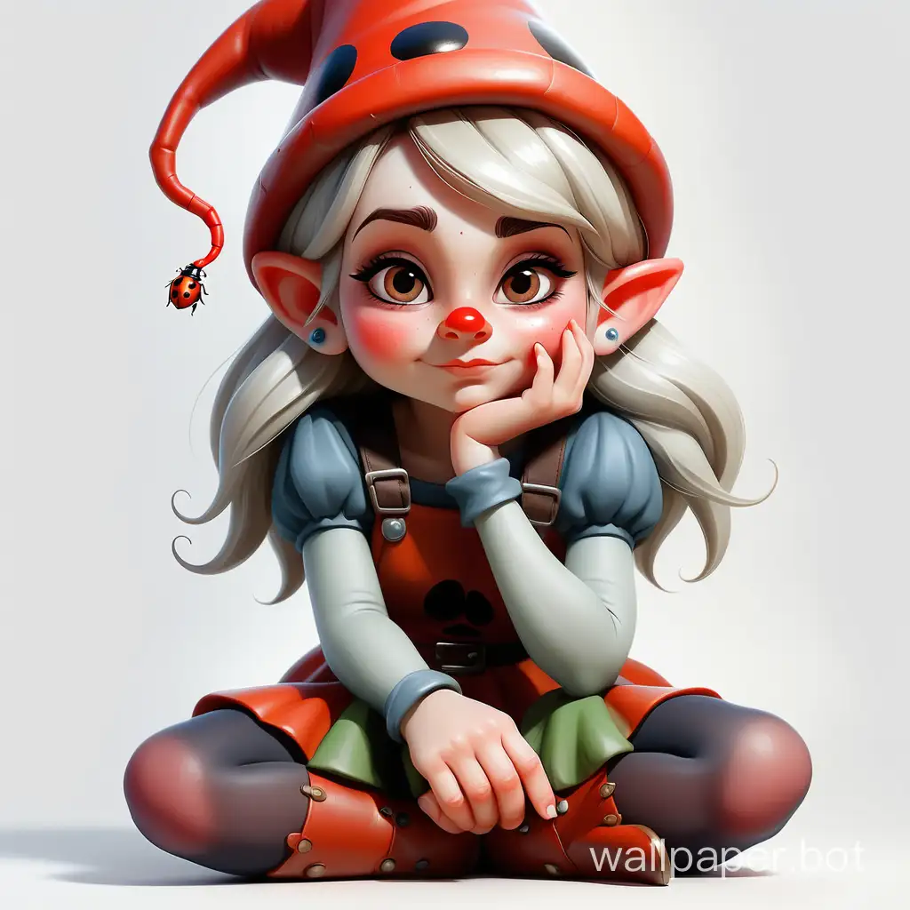 charming gnome girl. sits with crossed beautiful legs in tights and boots. beautiful hands rest on knees. 5 fingers. there's 1 ladybug on the nose. fully in frame. clarity and quality. white background