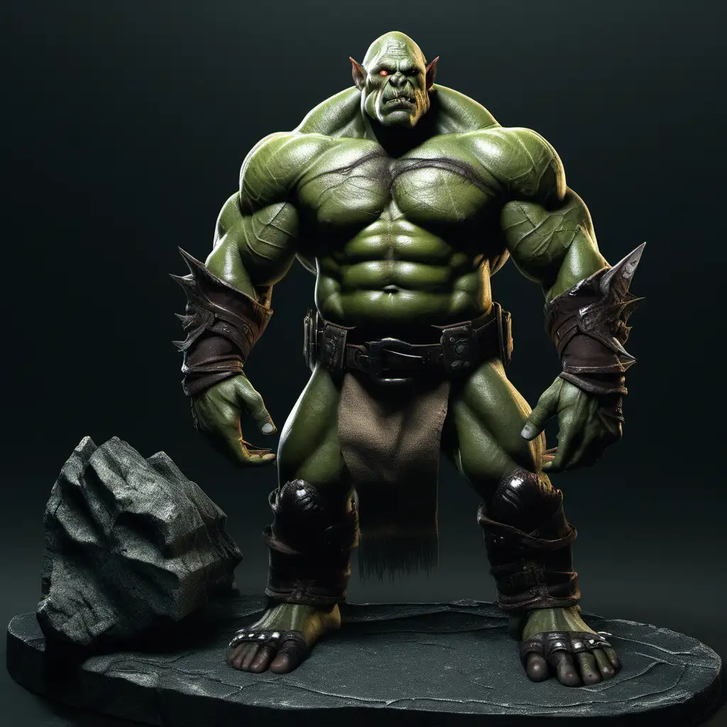 Thickly muscled orc lying completely naked on black surface.