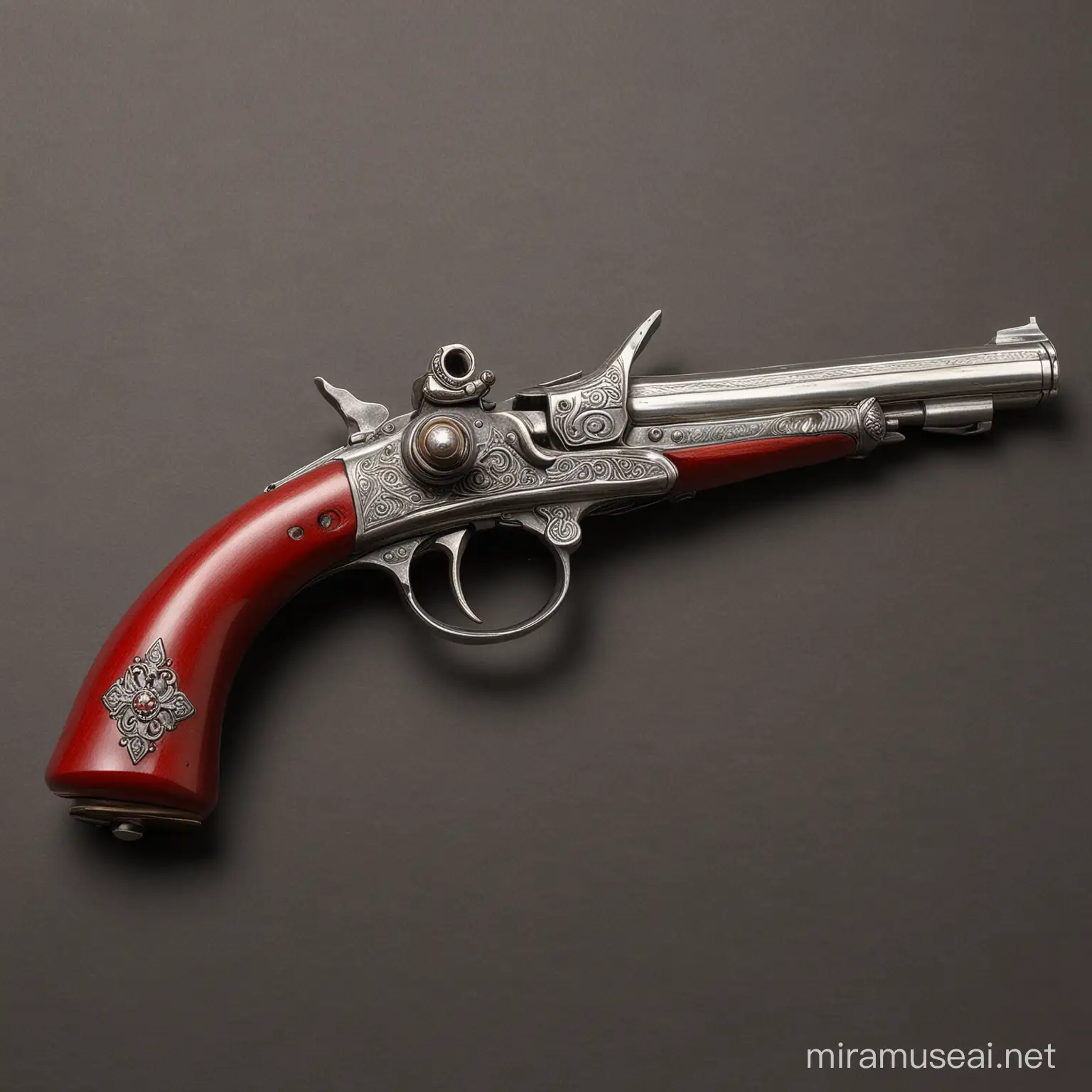 un pistolet médiéval en Argent avec une crosse en bois rouge