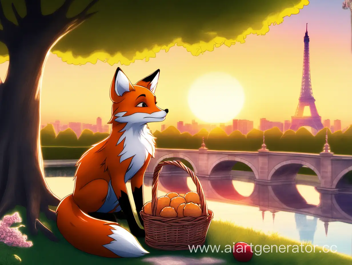 Peaceful-Sunset-Scene-with-Fox-and-Basket-of-Pies-by-the-Pond