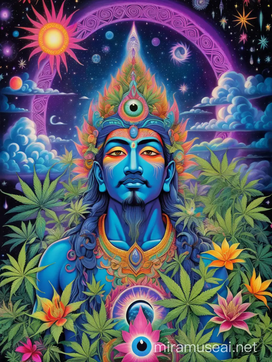 Psychedelic colors and patterns, a jungle of cannabis, flowers, waning crescent, at clear night skies with stars, bright, vibrant colors with an exotic asian men god with the all seeing third eye up front