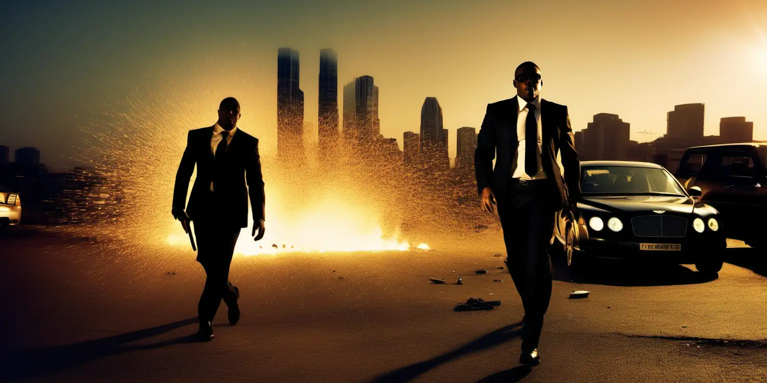 Bodyguard dressed in black suit, African, Johannesburg, sexy crime, noir, cinematic, protecting young girl in dress from flying bullets, taking cover behind a black Bentley, Cinematic, Bodyguards in background, golden hour, lens flare, young girl saved from traffickers, Johannesburg skyline in background, taking cover on ground, glass raining down, man on fire, shoot out in background. 