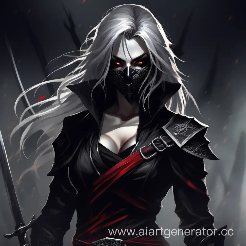 девушка темный эльф с алыми глазами и серой кожей и пепельными волосами с двумя короткими мечами одетая как ассасин с маской на рот она одета в черную одежду а за ней тьма