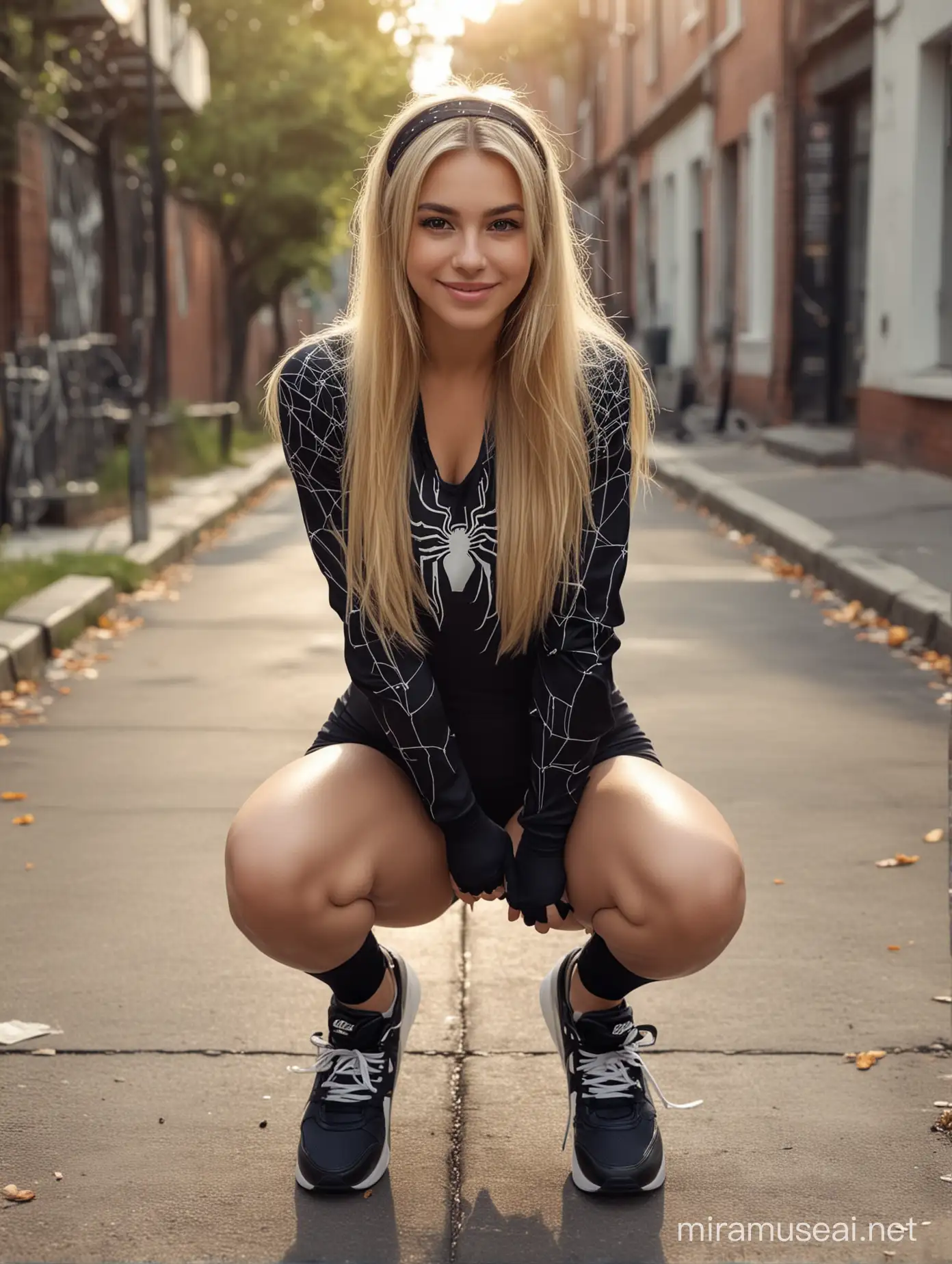 Blonde Girl in Nike Sneakers Smiling Outdoors with Spider Web Bodysuit