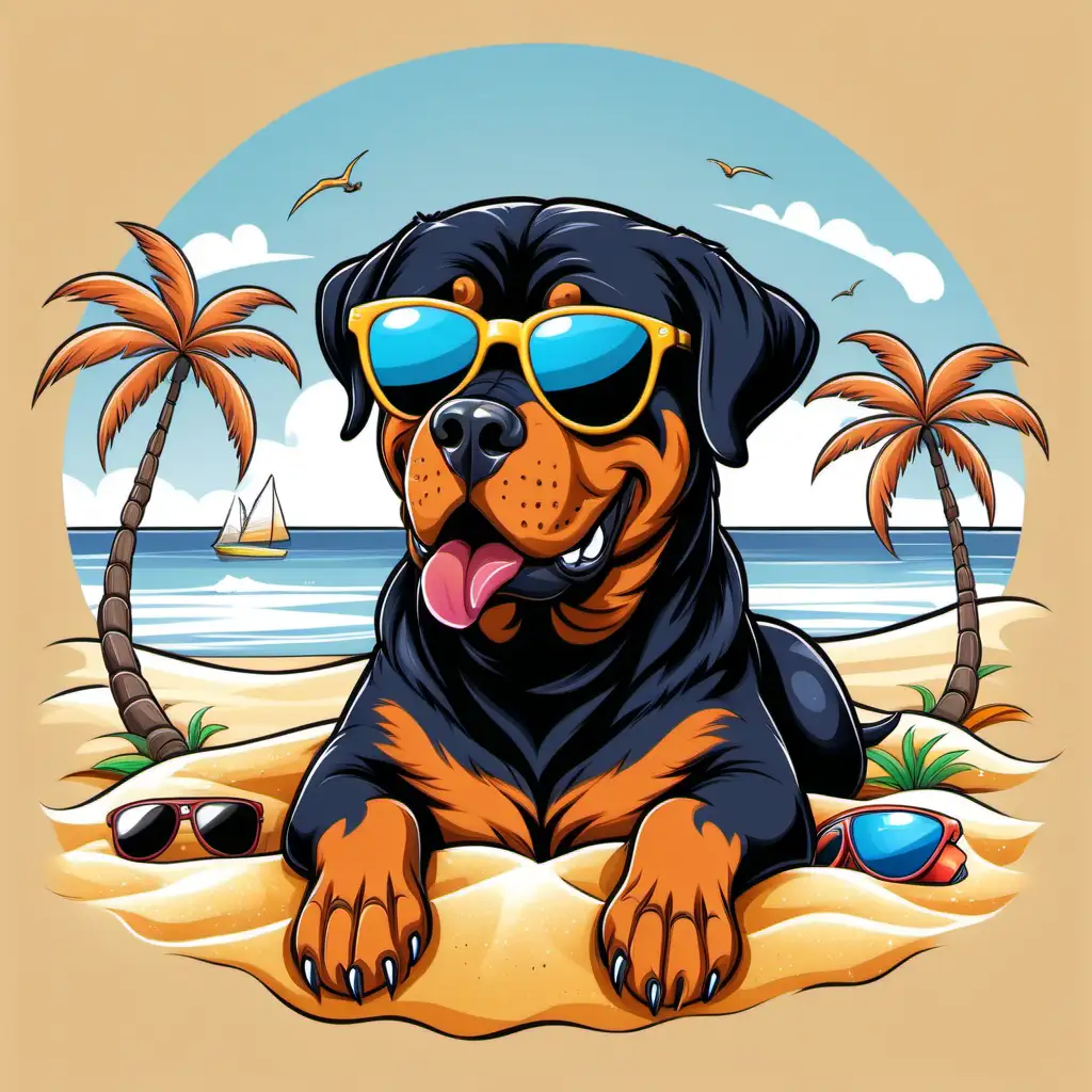 Cartoon Rottweiler in sunglasses on the beach, sand, 7 colors in image, design for a t-shirt
