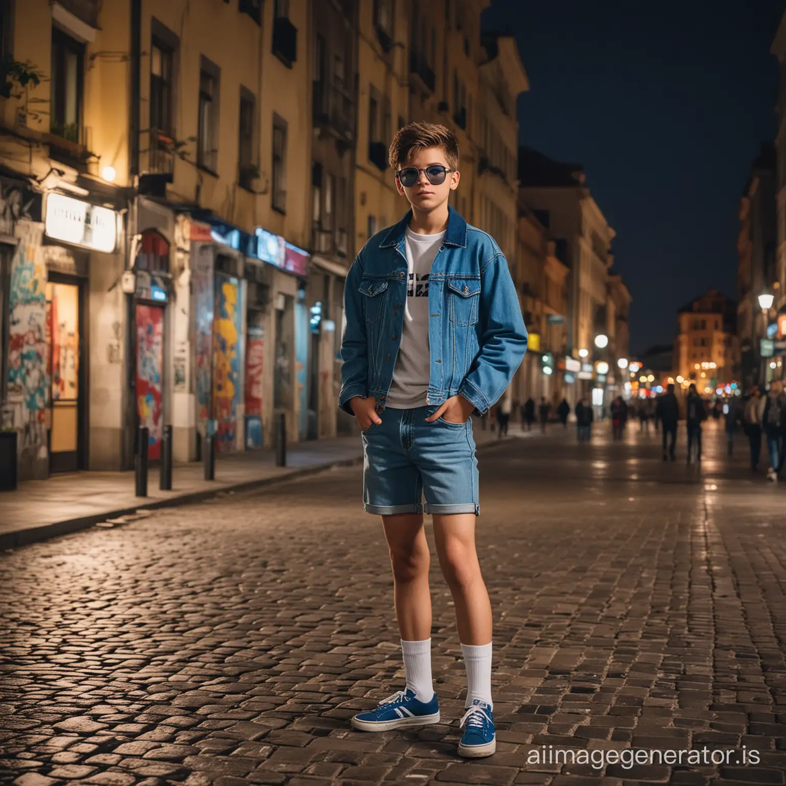 An exciting cinematic photograph of a 14-year-old boy confidently standing in front of the iconic Berlin Wall. The boy, dressed in a small jacket and sunglasses, very short denim shorts, white knee-length socks, blue sneakers, creates a sense of urban style and sophistication. In the background there is a bright, colorful view of the night square with the historical clock tower illuminated by soft light. The atmosphere is enhanced by the gentle lights of the city reflecting off the wet sidewalks and conveying the essence of Naples nightlife. The overall atmosphere of the photography is energetic and dynamic, with a touch of humor and urban charm, which makes it ideal for portrait photography, posters and cinematic experiences.