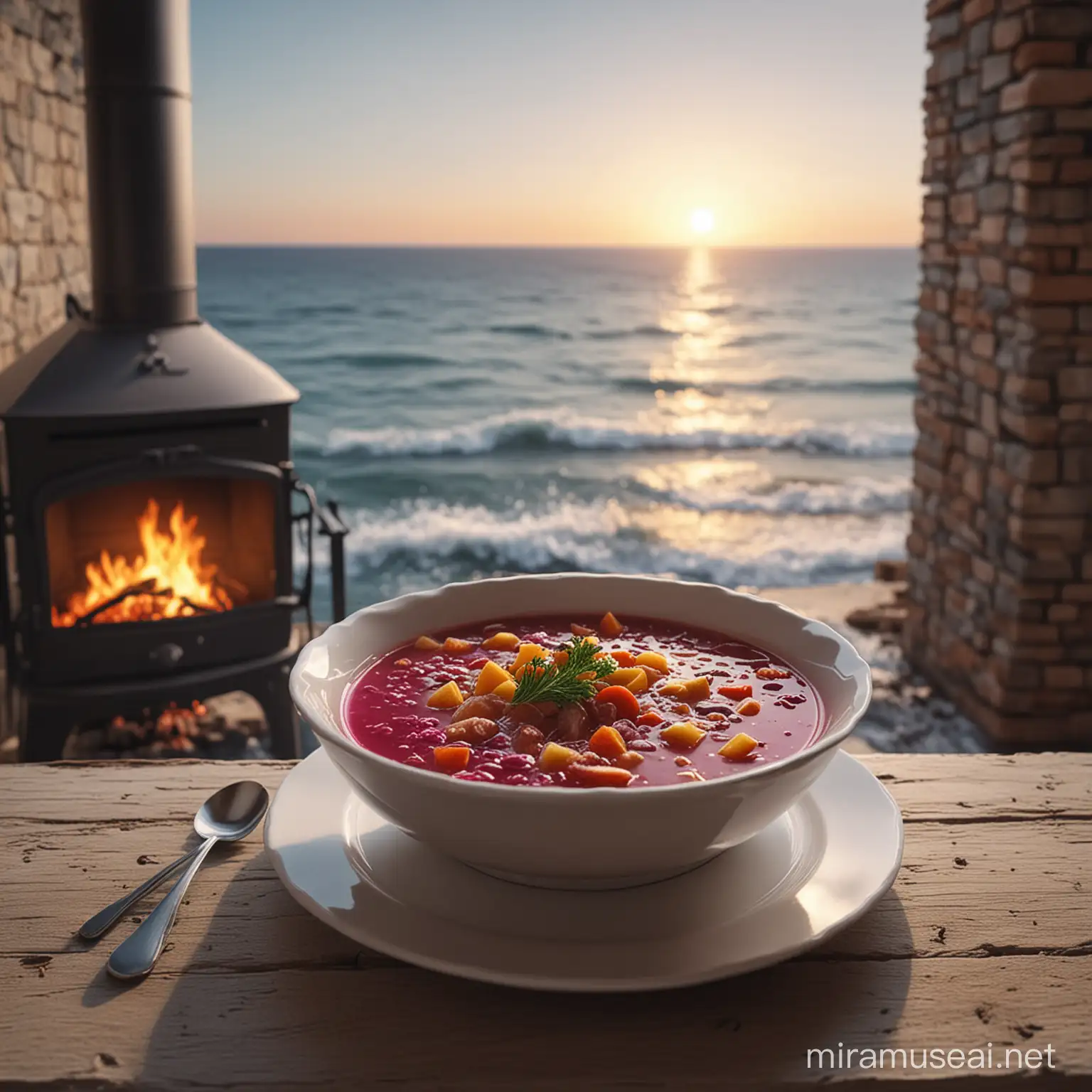 A plate with Borscht soup, in front of a fireplace near the ocean. realistic image, RAW, 8k