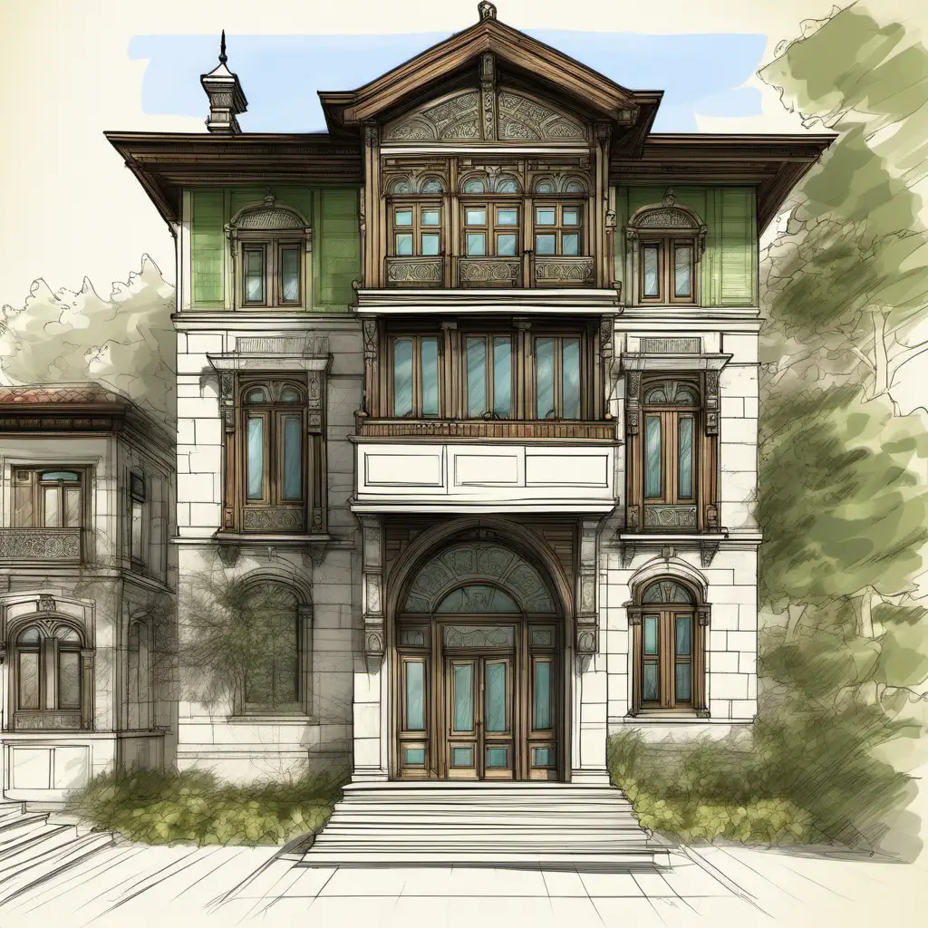 a sketch large sheet, plan, facade, elevation, section,street traditional Turkish lots of mansions, Ottoman style, wooden windows, wooden bay window, , stone facade, green garden,
plants, wide eaves, wooden floor molding, perspective ,