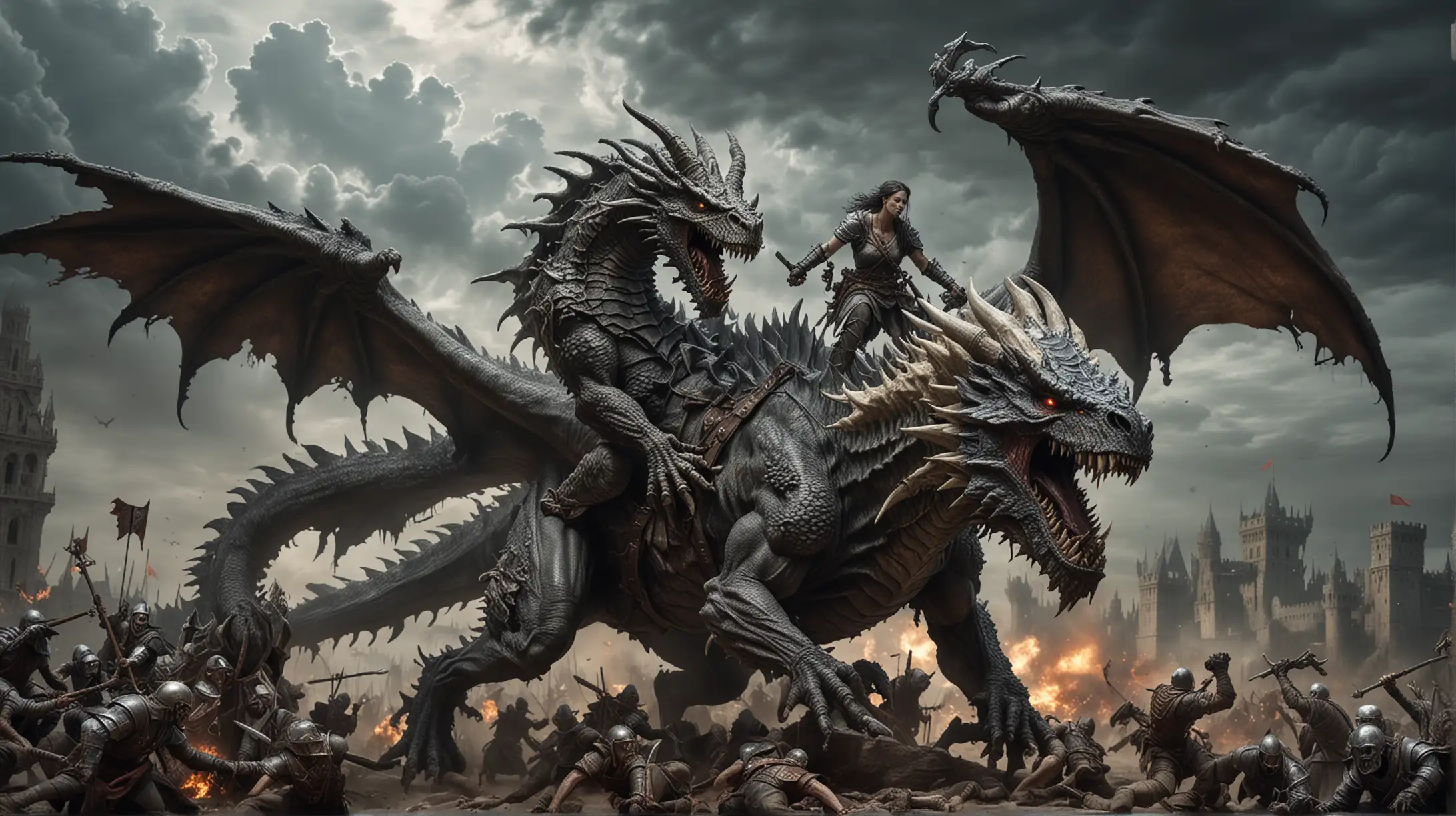 Medieval Battlefield Vile Bone Demon Riding Zombie Dragon in Dramatic Storm