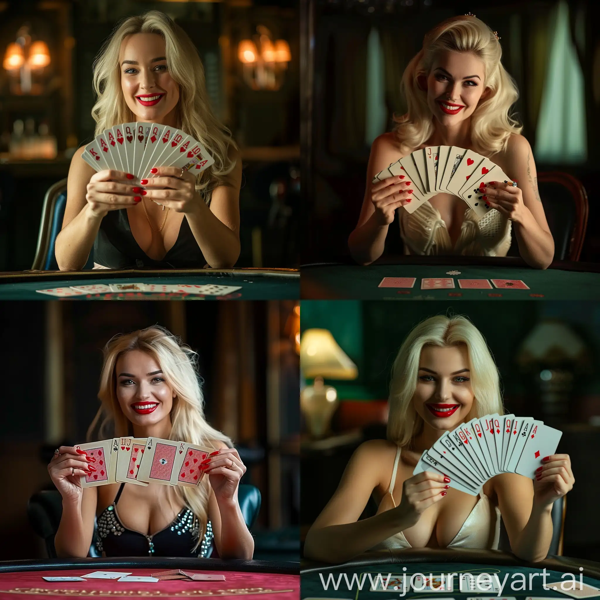 Блондинка сидит за игральным столом, в руках держит карты как веер , у нее красные ногти и красные губы она улыбается, темный фон
