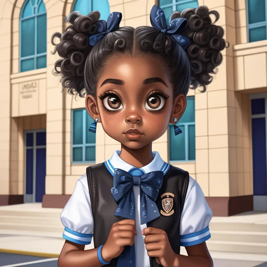 Little dark skin black girl with big eyes curly hair in pony tails and bows in front of the school