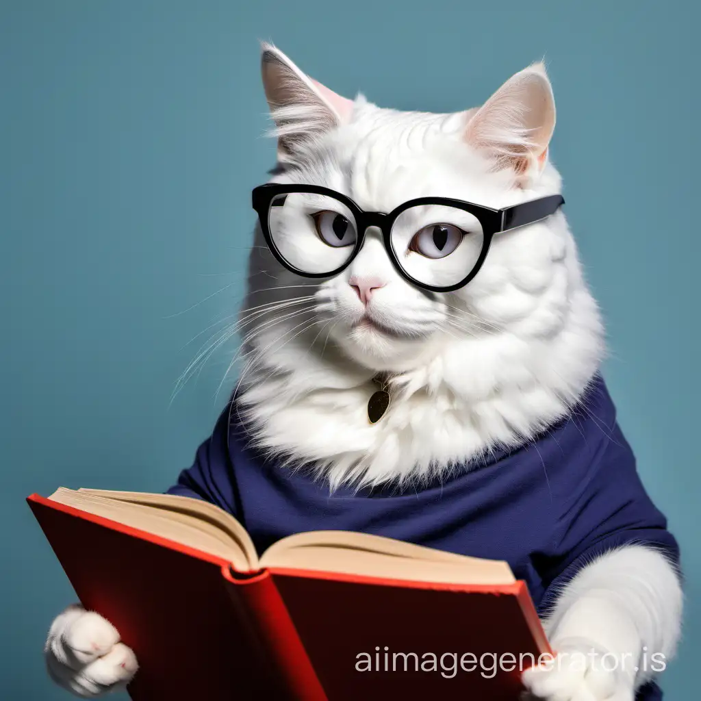 a cat with big glasses reading a book