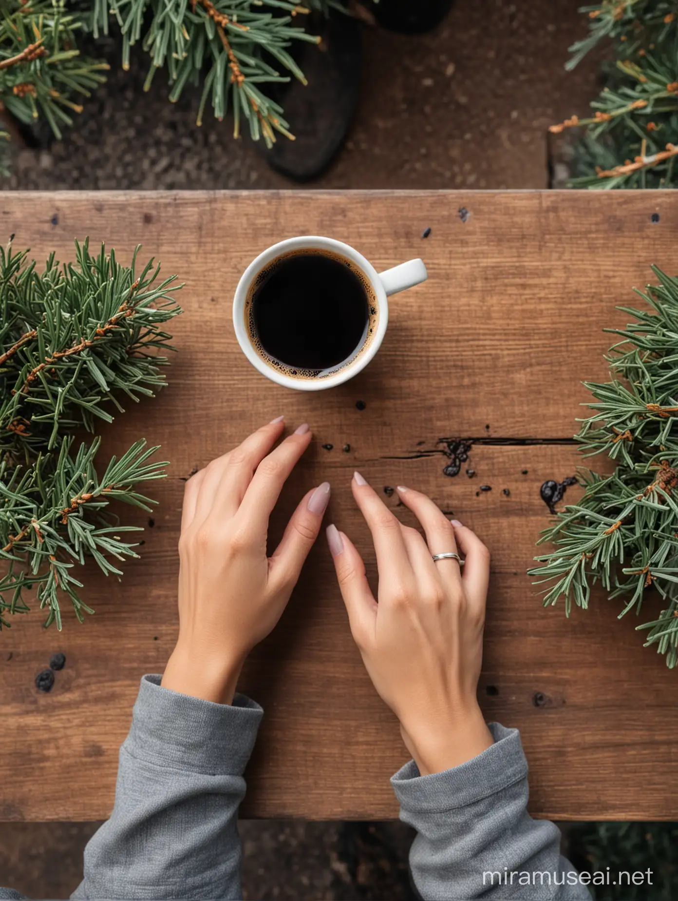 Above view, woman hands hold a coffee cup in a wooden table, with steaming hot black coffee, in an outdoor coffee shop, with pine trees in the background