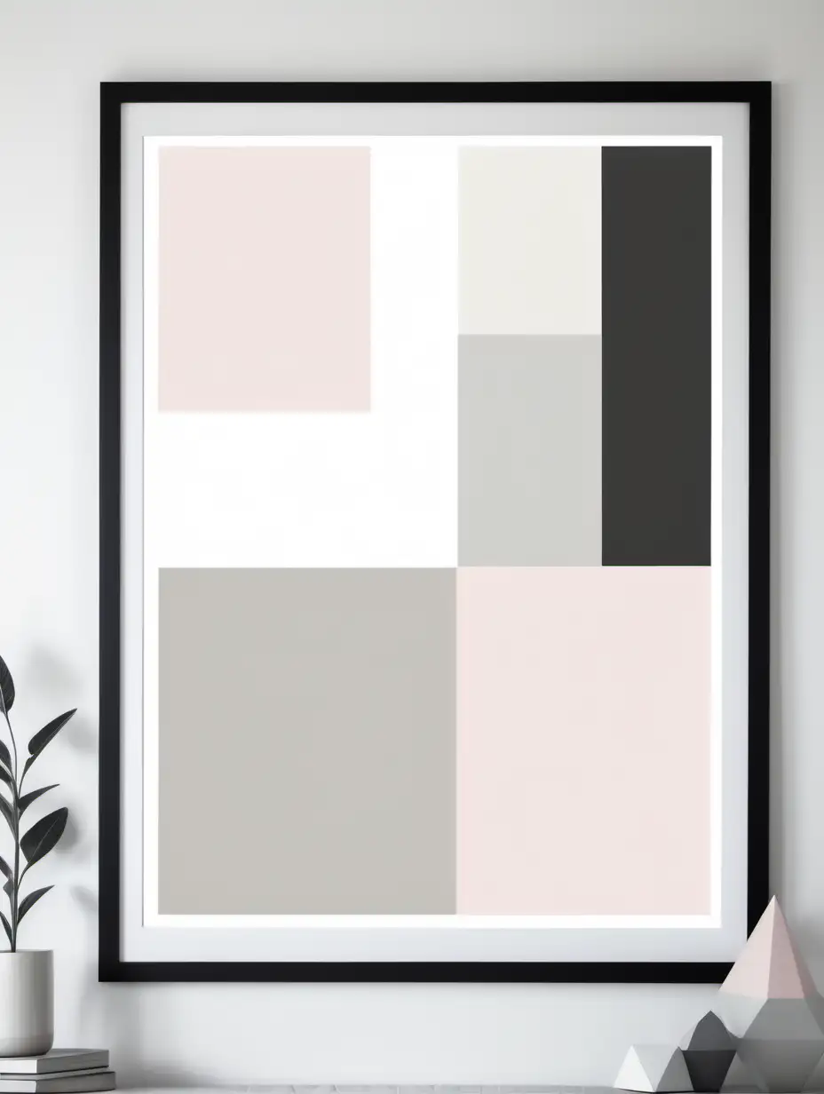 Geometric art print delicate shades of pale grey, pale pink, white and pale beige, large design with a black frame