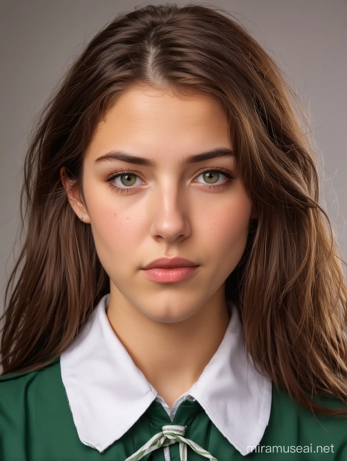 A pretty woman. She is 18 years old. She has shoulder-length brown hair. Her eyes are green. Her expression shows she is pout. She is wearing a school uniform.