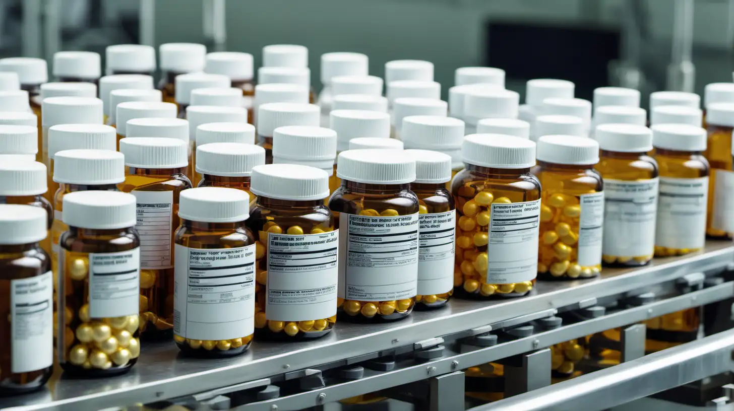 Bottle of various dietary supplements for health and beauty on production line in factory
